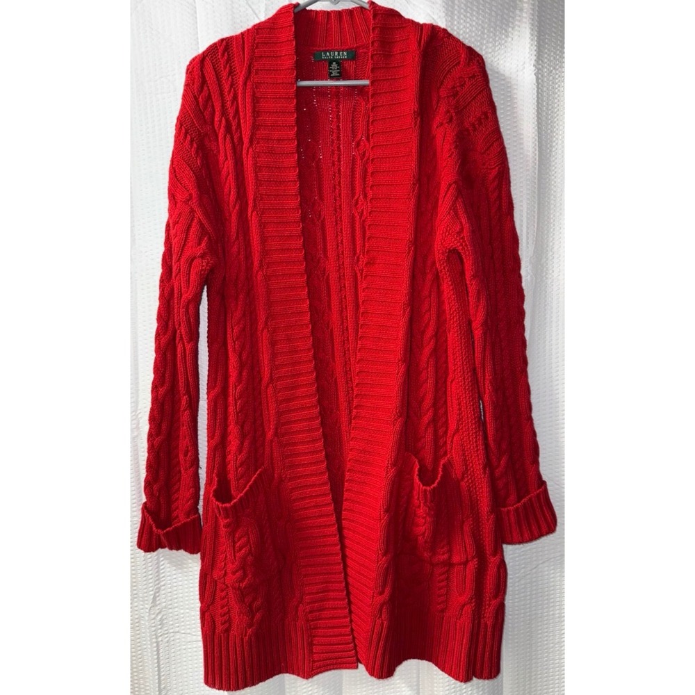 LRL Ralph Lauren Red Cable Knit Cardigan Sweater Chunky Small Longline Cotton S